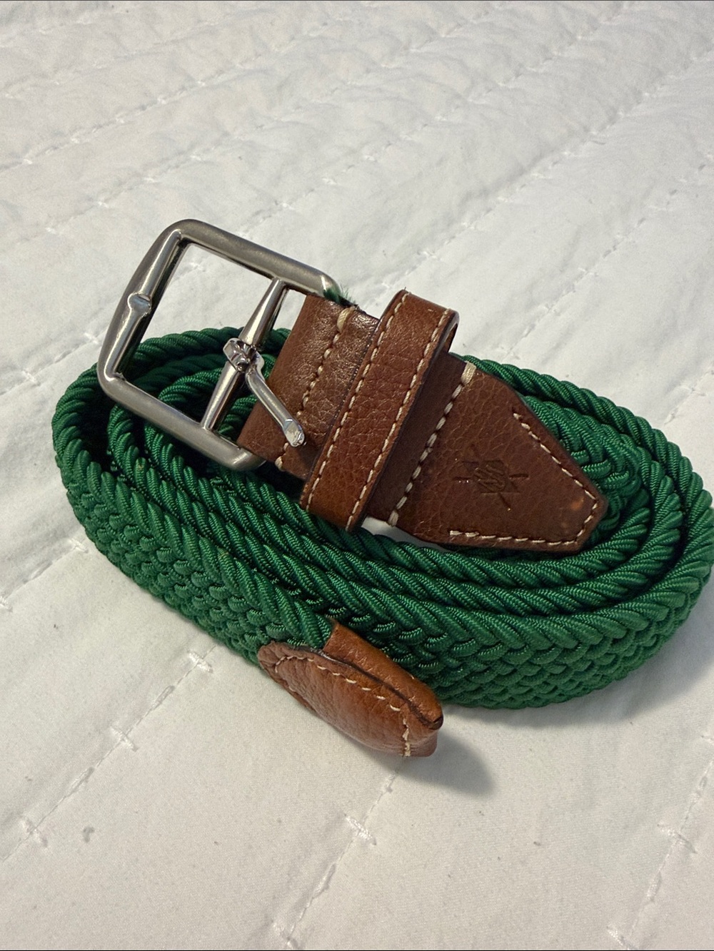 Braided Green Belt with Brown Leather Trim